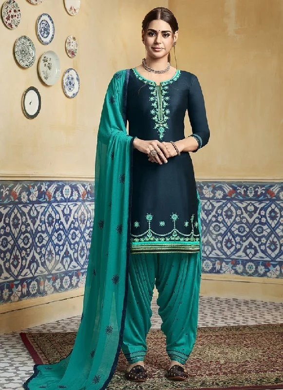 Dark Blue Pure Satin Patiyala Dress Tunics Gym athletic