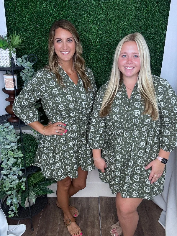 PRINTED VNECK 3/4 BUBBLE SLEEVE DRESS W/FRONT TIE - OLIVE sweetheart Neckline Romantic