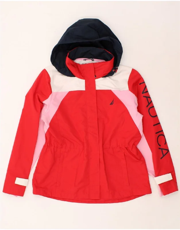NAUTICA Womens Graphic Hooded Rain Jacket UK 16 Large Red Colourblock Insulated Jacket Fitted Jacket Loose Jacket