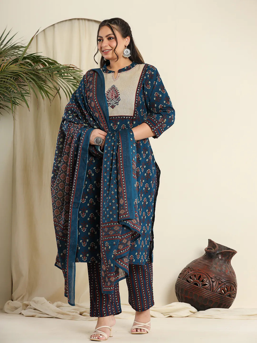 Yufta Navy Blue Pure Cotton Kantha Work Kurta Dupatta Pant Set With Handblock Yoke Classic Flared Pants