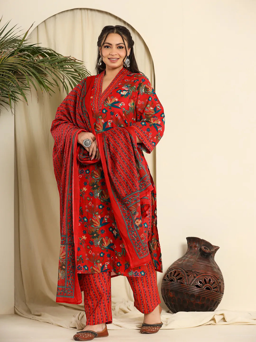 Yufta Red Pure Cotton Sequins_Work Kurta Dupatta Pant Set With Handwork Stylish Harem Pants
