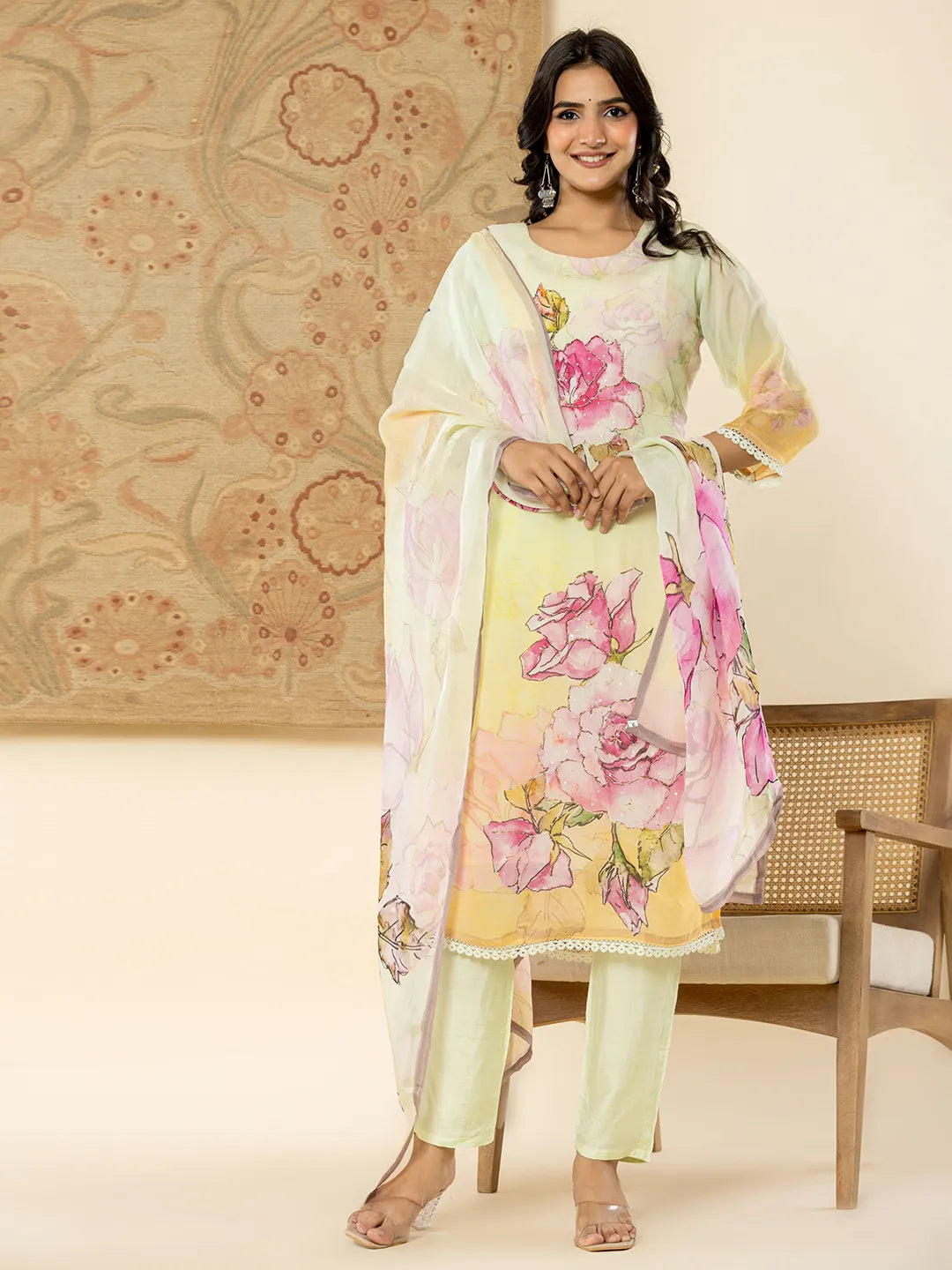 Yufta Pure Oragnza Kurta Set With Pant And Dupatta Relaxed High-Waist Trousers