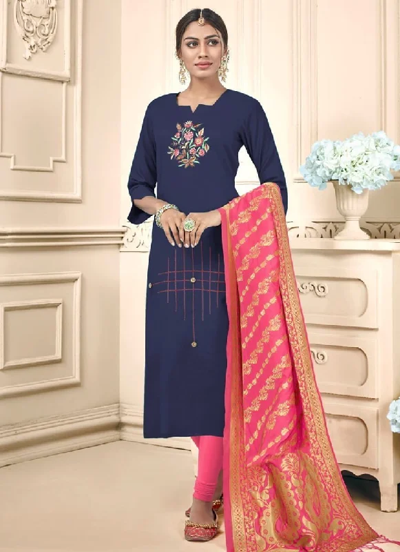 Navy Blue Slub Cotton Chudidar Dress Tunics Custom made