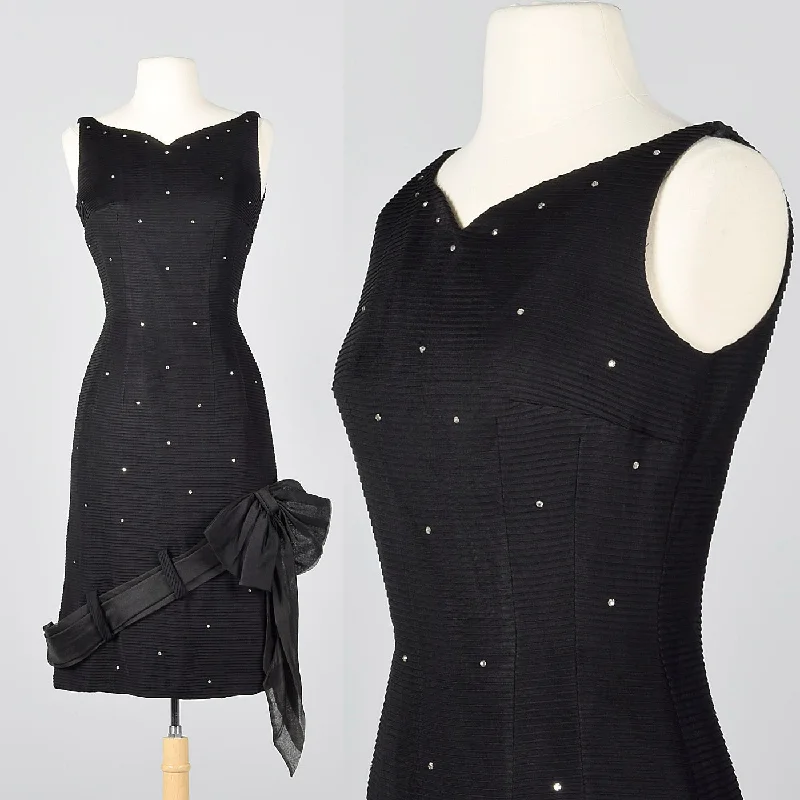 1950s Black Dress with Rhinestones and Asymmetric Bow