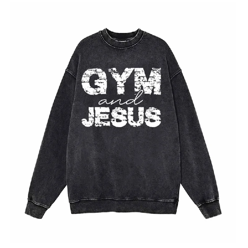Gym And Jesus Letters Vintage Washed Sweatshirt Hoodie with Sequins Glamorous Eye-catching