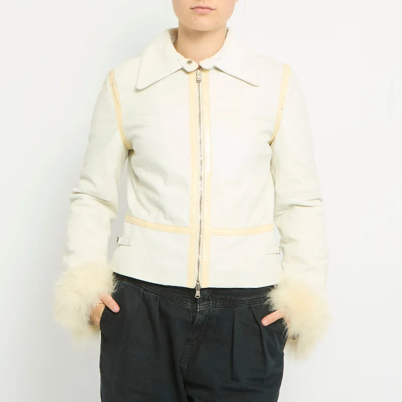 Faux Leather Duo Zip Fur Cuffs Jacket- UK 8 V-Neck Jacket Boat Neck Jacket Square Neck Jacket