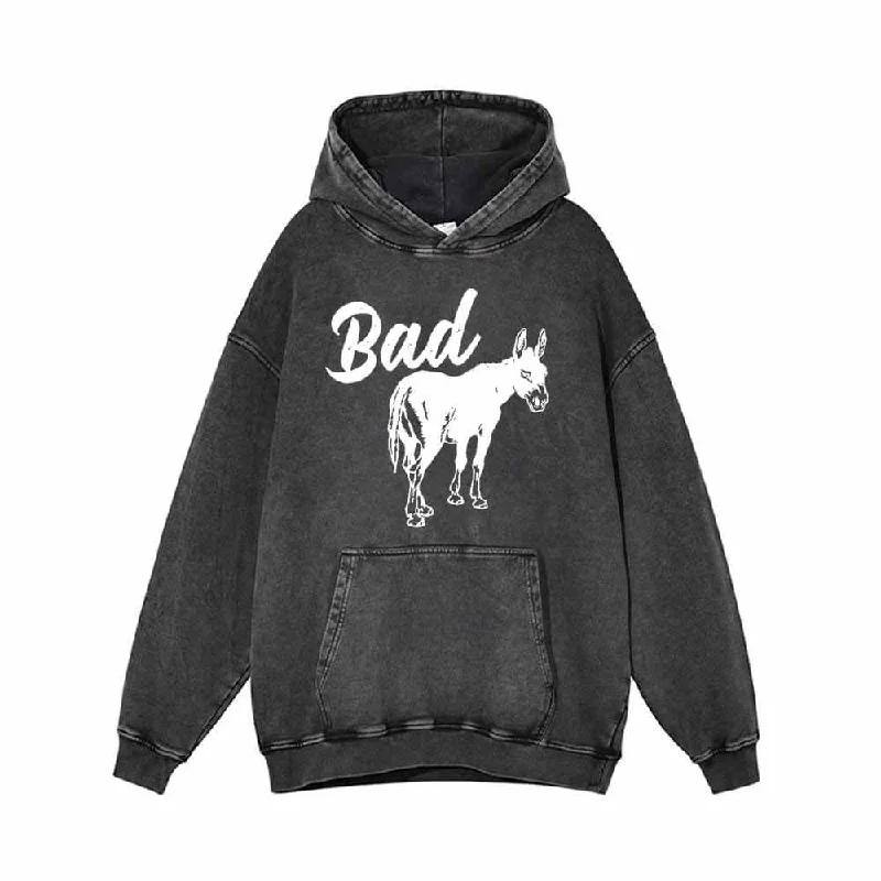 Funny Bad Ass Donkey Pattern Vintage Washed Hoodie Hoodie with Typography Text Message