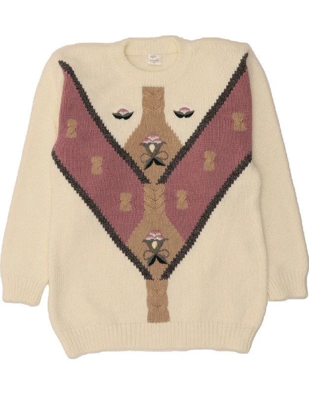 VINTAGE Womens Crew Neck Jumper Sweater UK 18 XL Beige Colourblock Acrylic Layered Multi-layer Single Layer