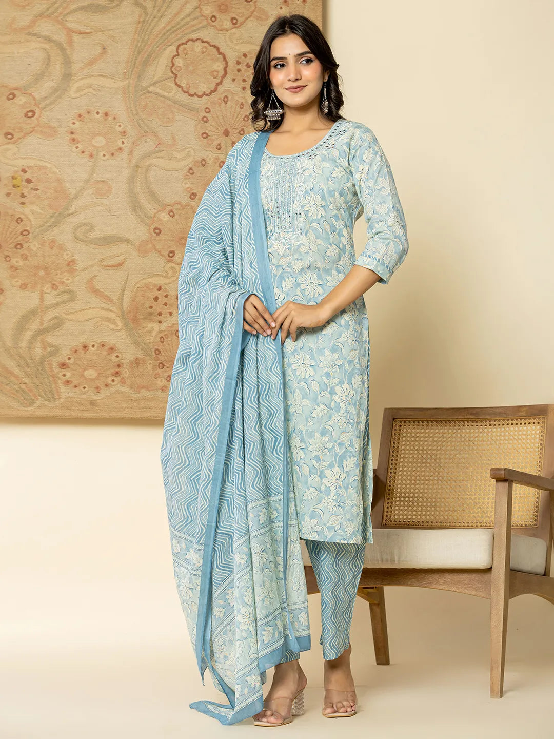 Yufta Pure Cotton Sky Blue Floral Embroidery Kurta Dupatta Pant Set Fashionable Track Pants