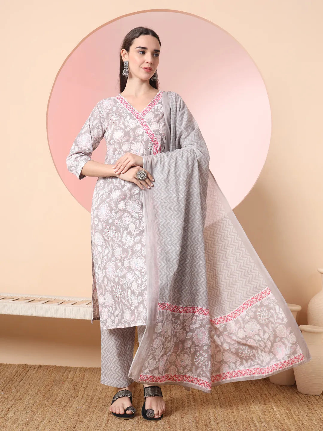 Yufta Grey Pure Cotton Angrakha Kurta Dupatta Pant Set Comfy Athletic Pants