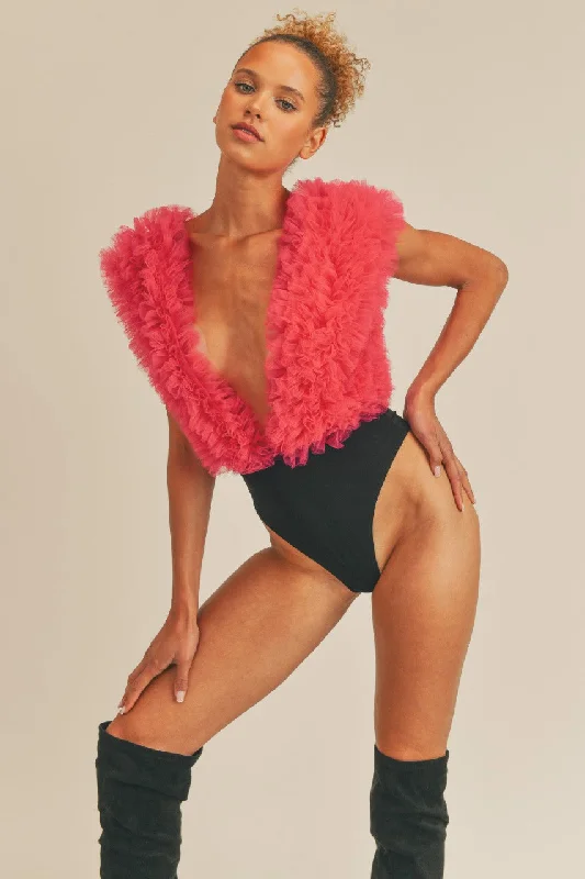 I'm The Moment Pink Ruffle Organza Bodysuit Fashionable Bodysuit with Long Sleeves