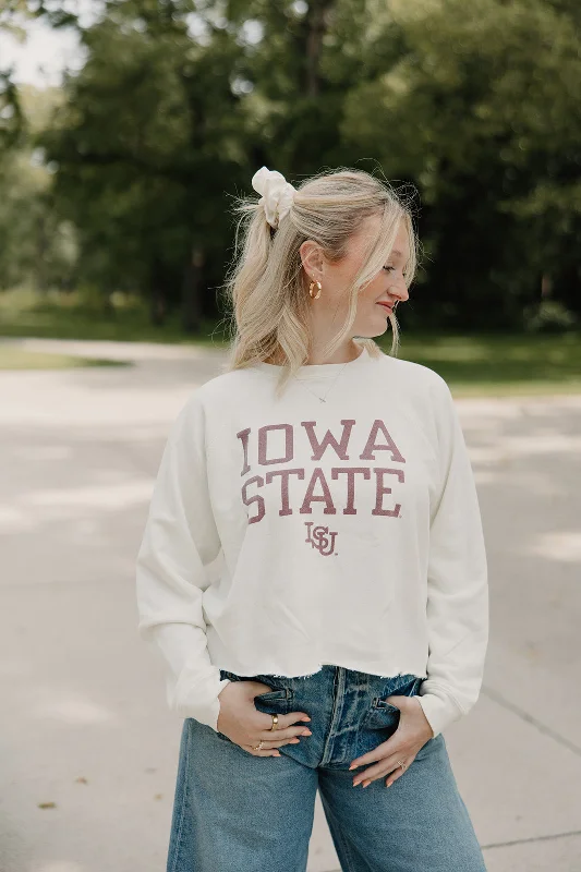 Retro x Blond Genius - ISU Iowa State Cyclones Vintage French Terry Cut Hem Sweatshirt in Vintage White Hoodie with Hem Lace Feminine Delicate