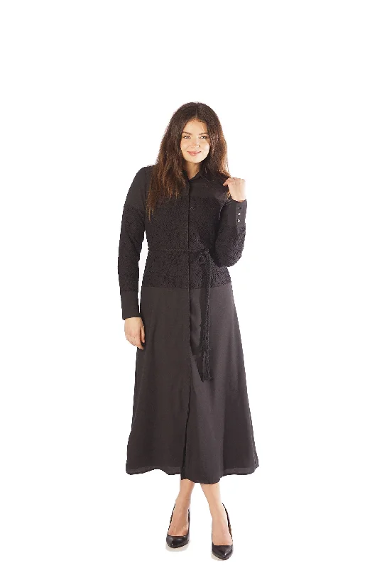 Lace Bodice A Line Dress w/ Belt - Black Tunics Brand named