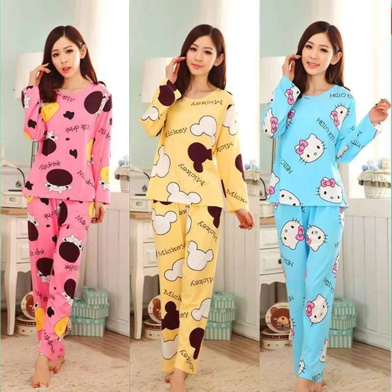 19 Colors Women Pajamas Suits Spring Autumn Cartoon Female Long-sleeve Pajama Pants Milk Silk Pajamas Suits tracksuit Slim-Fit Leggings