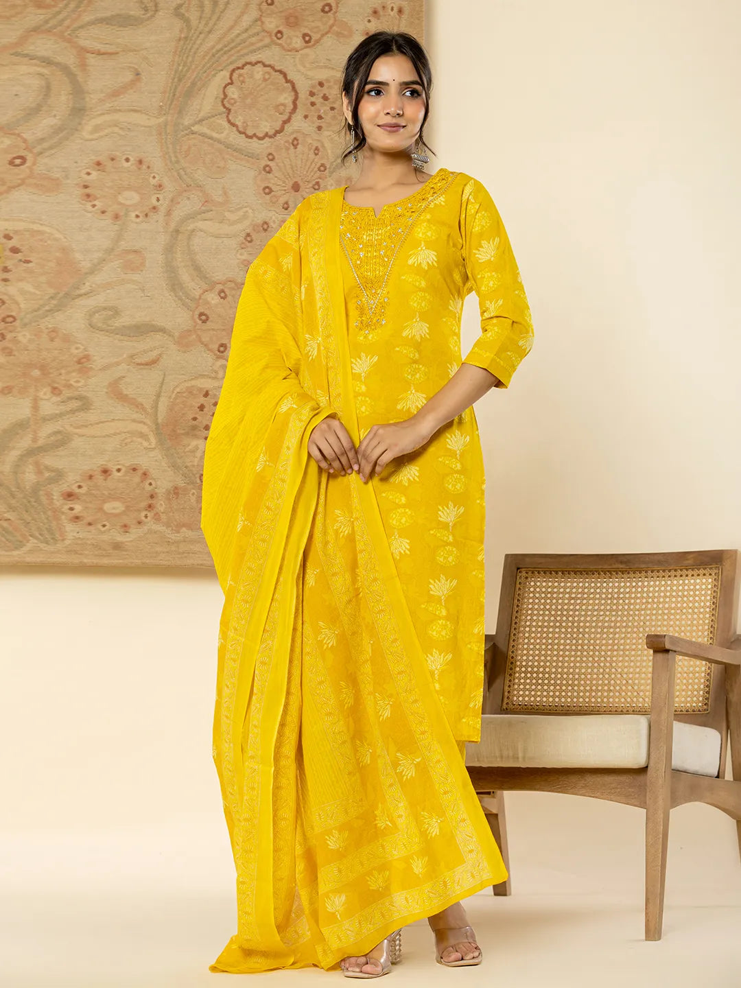 Yufta Cotton Mustard Floral Embroidery Mirror Work Kurta Dupatta Pant Set Comfy Cargo Trousers