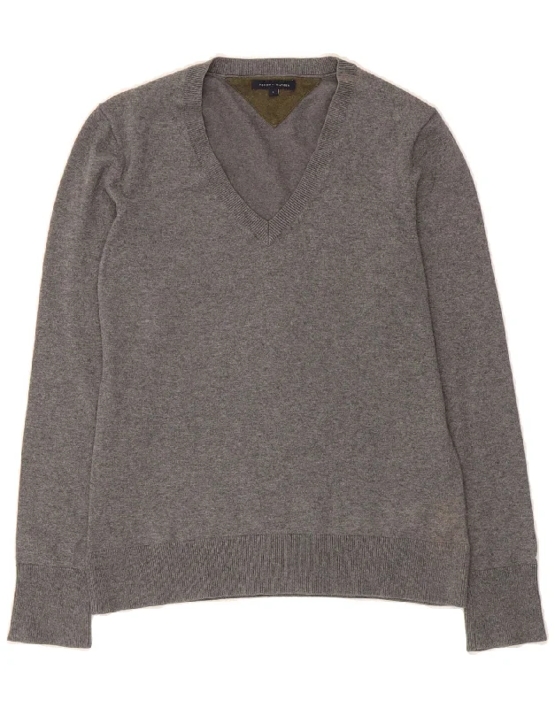 TOMMY HILFIGER Womens V-Neck Jumper Sweater UK 14 Large Grey Cotton Transparent Opaque Sheer