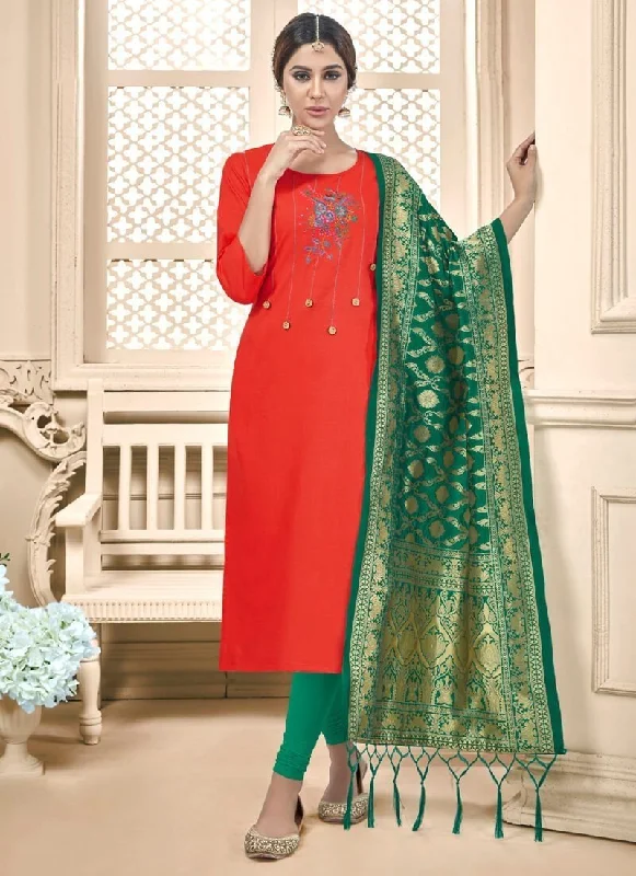 Red Slub Cotton Chudidar Dress Tunics Designer luxury
