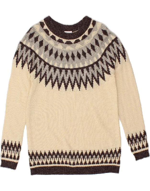 VINTAGE Womens Boat Neck Jumper Sweater UK 12 Medium Beige Fair Isle Embroidered Appliqued Beaded