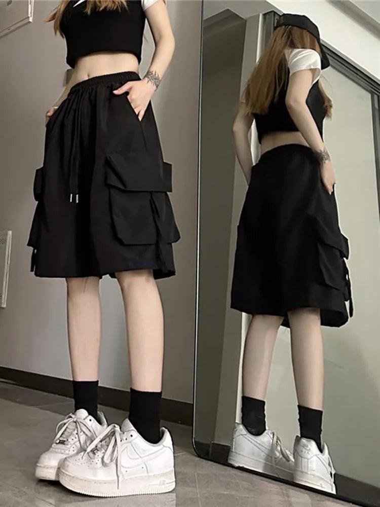 Hip Hop Cargo Shorts Women Vintage Harajuku High Waist Y2K Short Pants Casual Korean Pockets Bf Shorts Summer Classic Stretch Pants