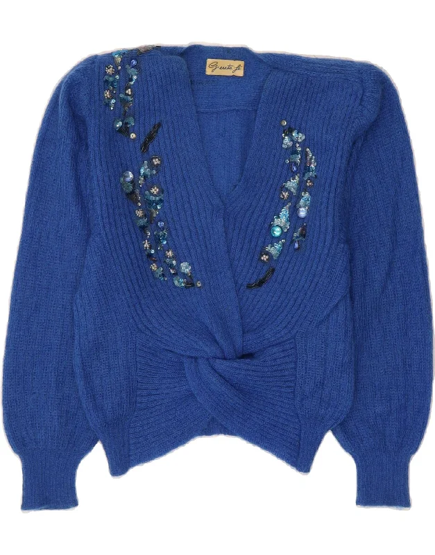VINTAGE Womens V-Neck Jumper Sweater UK 18 XL Blue Mohair Velvet Chenille Corduroy