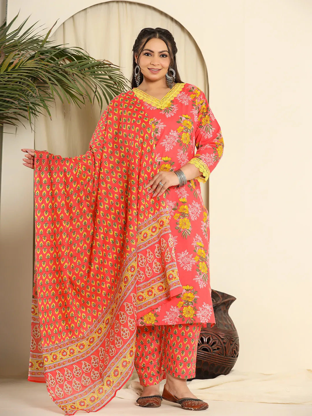Yufta Pure Cotton Pink Kurta Dupatta Pant Set With Handwork Sleek Black Pants