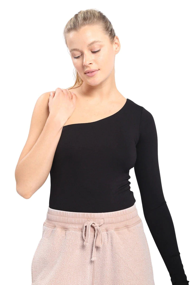 Women's Mono B | One Shoulder Long Sleeve Bodysuit | Black Trendy Bodysuit with Zipper