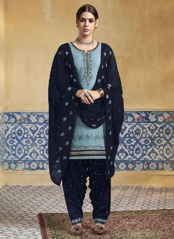 Teal Blue Pure Satin Patiyala Dress Tunics Running lightweight