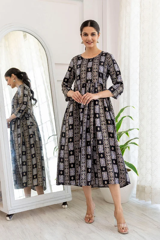 Women Black Ethnic Printed Flared Dress - Rasiya