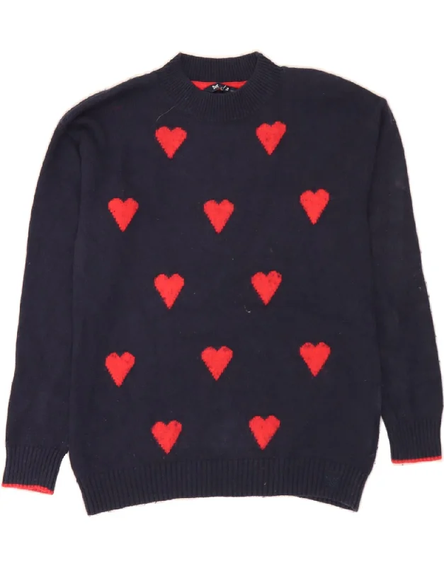 CREW CLOTHING Womens Turtle Neck Jumper Sweater UK 14 Medium Blue Heart Handmade Hand-knitted Hand-woven