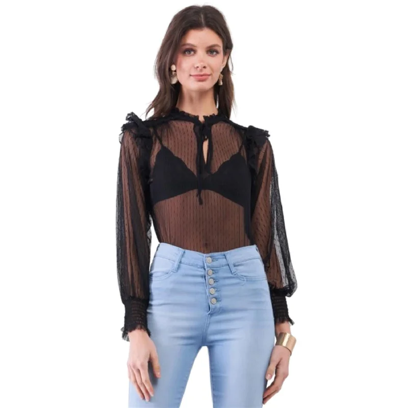 Black Sheer Mesh Polka Dot Frill Trim Long Sleeve Bodysuit Fashionable Bodysuit with Frill Detail