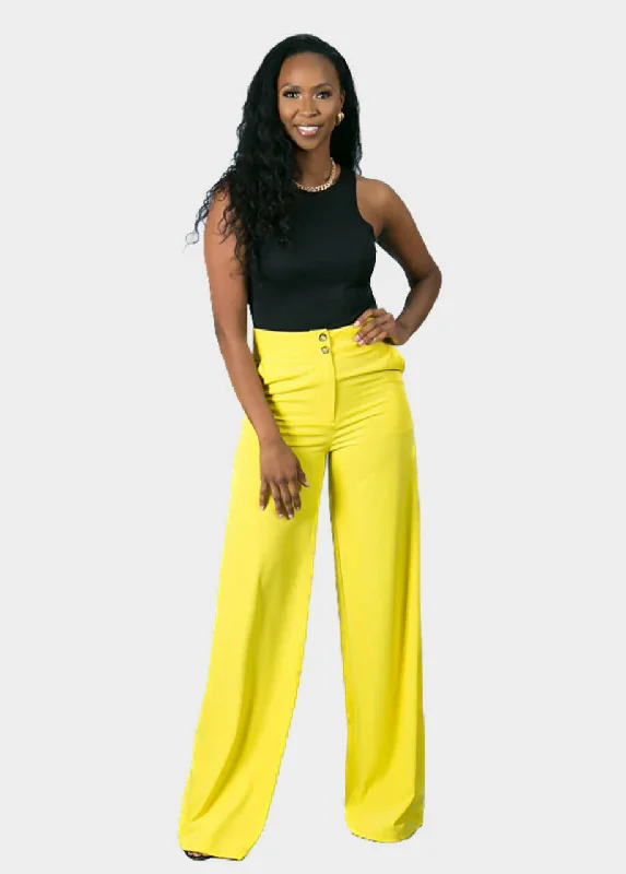 Double Button Pants - Yellow Wide-Legged Palazzos