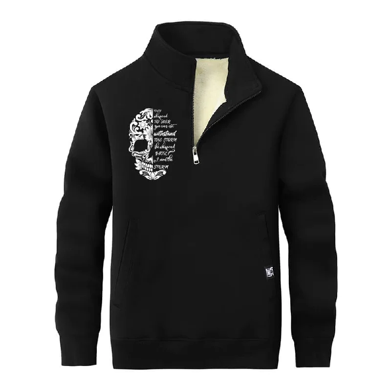 Flower Pattern Half Skull Fleece Head Stand Collar Zip Sweatshirt Hoodie with Illustration Artistic Creative