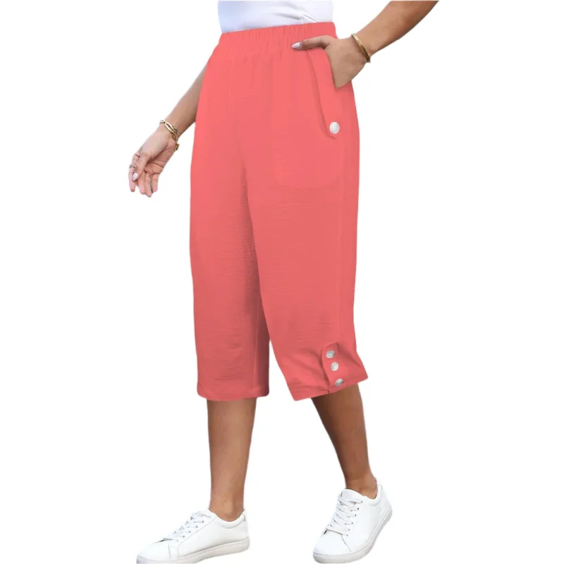 Citra Red Button Trim Capri Pants Comfortable Pleated Pants