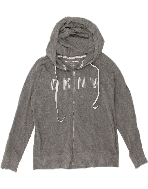 DKNY Womens Graphic Zip Hoodie Sweater UK 14 Medium Grey Cotton Terry Blend Velvet Blend Canvas Blend