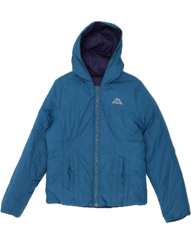 KAPPA Womens Hooded Reversible Padded Jacket UK 10 Small Blue Nylon Snapped Jacket Toggled Jacket Drawstring Jacket