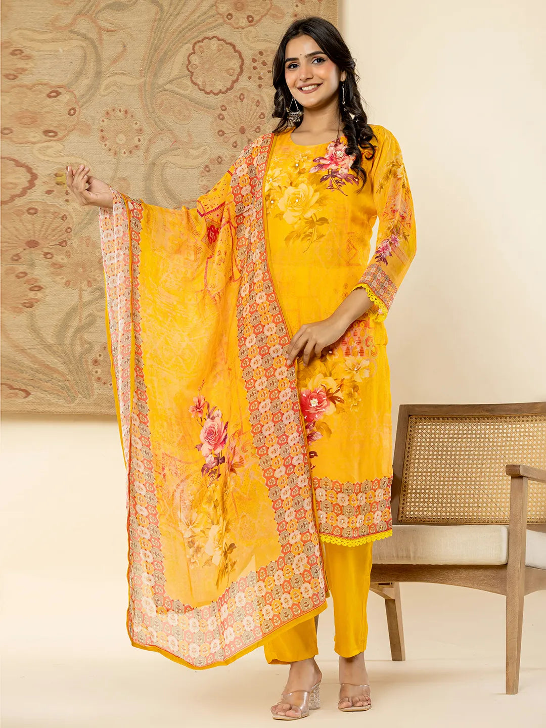 Yufta Pure Oragnza Kurta Set With Pant And Dupatta Comes With Cotton Lining And Intricate Handwork Classic Pleated Pants