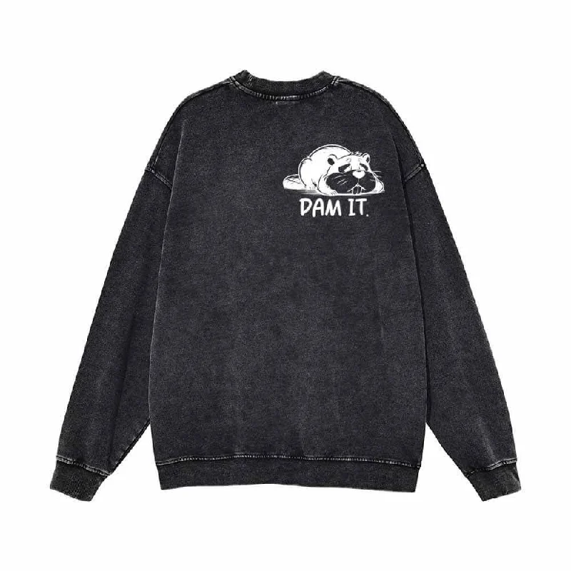 Dam It Cat Vintage Washed Sweatshirt Hoodie with Drop Shoulder Relaxed Streetwear