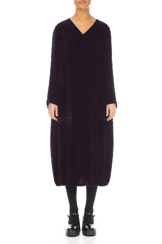 V-Neck Balloon Vintage Violet Silk Velvet Dress