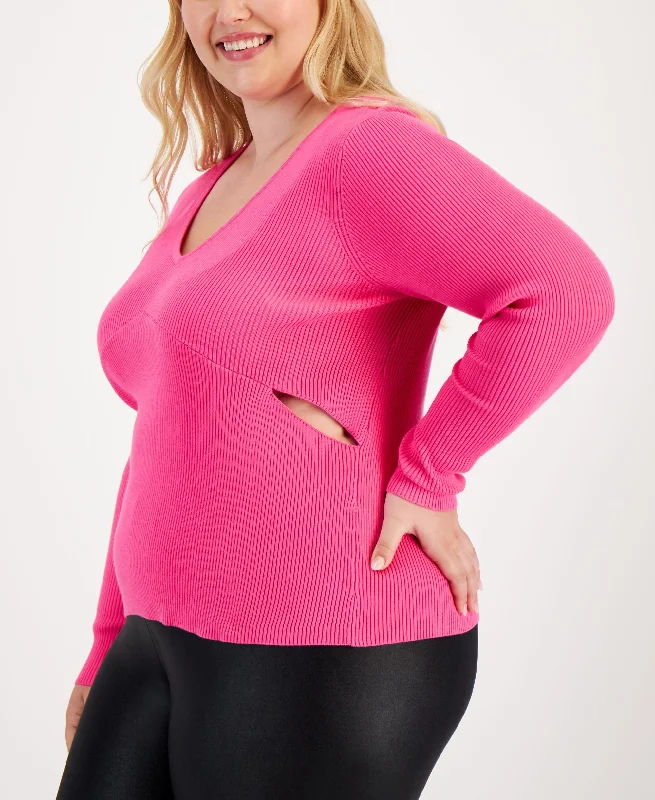 Bar III Trendy Plus Size V Neck Cutout Sweater Seamless Knitted Crochet