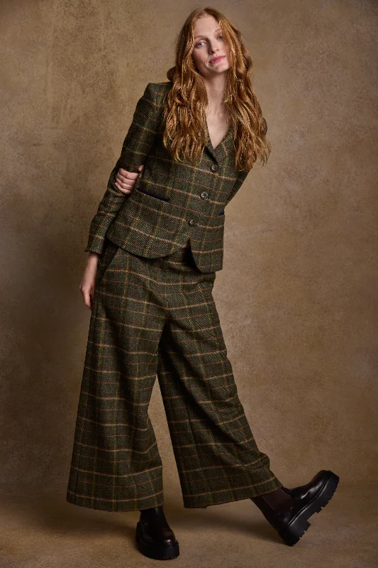 Sasha Tweed Jacket - Country Green Check Notch Collar Peter Pan Collar Cowl Neck