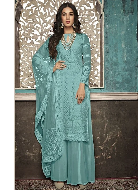 Sea Green Foux Jeorgette Palazzo Dress Crew Neckline Casual