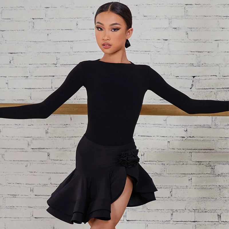 Zym Girls Black Rosy Skirt #23117 and Long Sleeves Bodysuit #23130 Pra 1225 Fashionable Cross-Back Bodysuit
