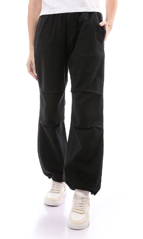 O168054 Black Solid Parachute Cargo Pants With Four Pockets Comfortable Jogger Trousers