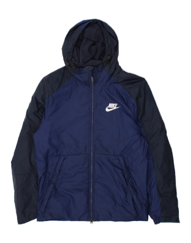 NIKE Womens Loose Fit Hooded Windbreaker Jacket UK 14 Medium Navy Blue Herringbone Jacket Houndstooth Jacket Plaid Jacket