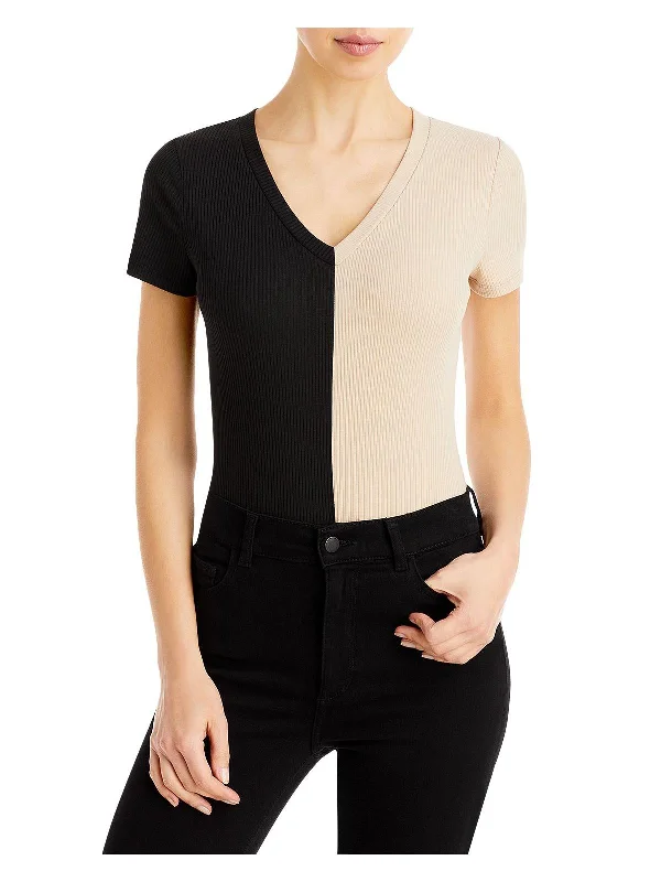 Womens Colorblock Ribbed Bodysuit Trendy Bodysuit with Tulle