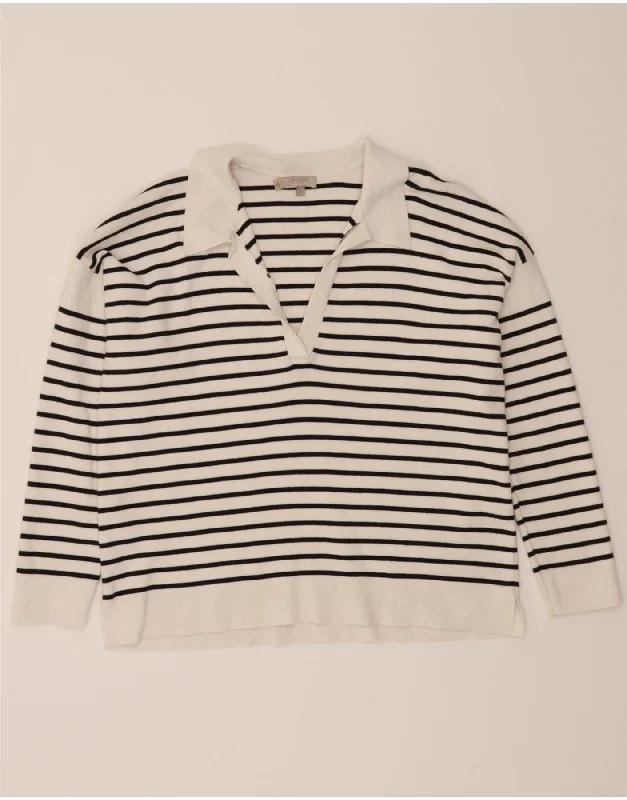 HOBBS Womens Polo Neck Jumper Sweater UK 14 Medium White Striped Nautical Mesh Sweater Canvas Denim