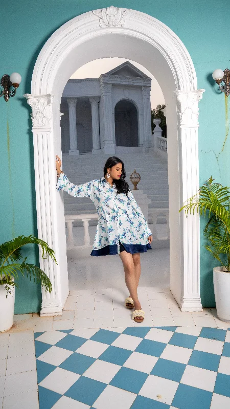 Noroke Sustainable fabric | Mushroom Bemberg Double Collar Tunic Dress - White Blue