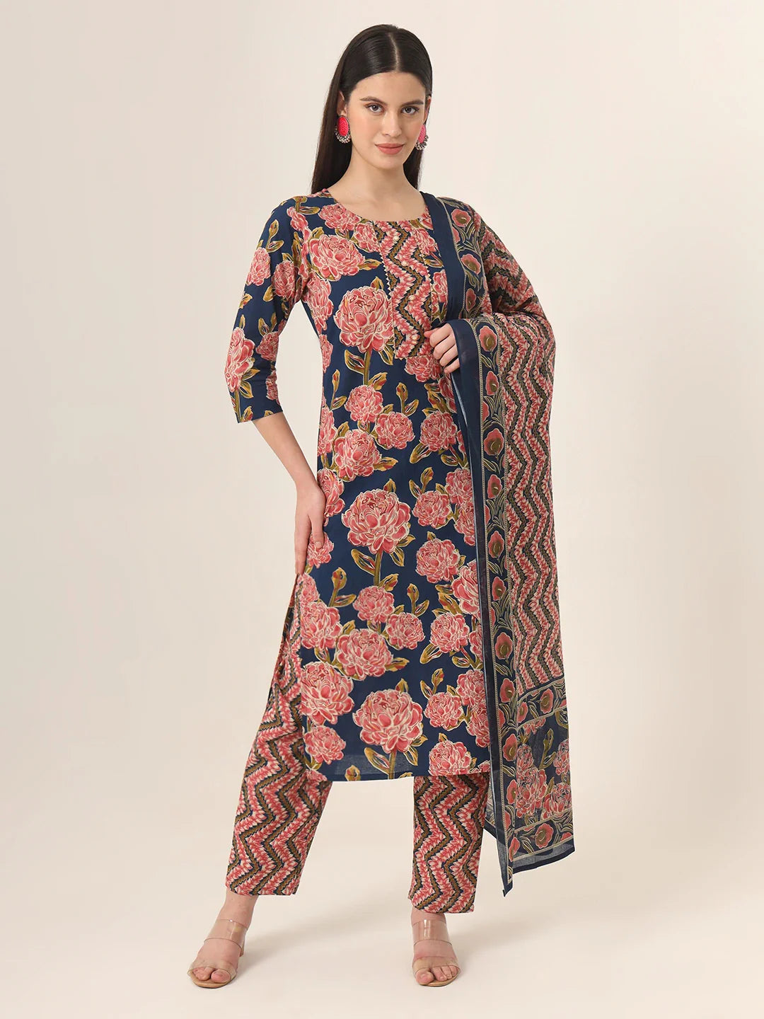 Yufta Blue Pure Cotton Straight Kurta Pants Dupatta Set Classic Cropped Pants