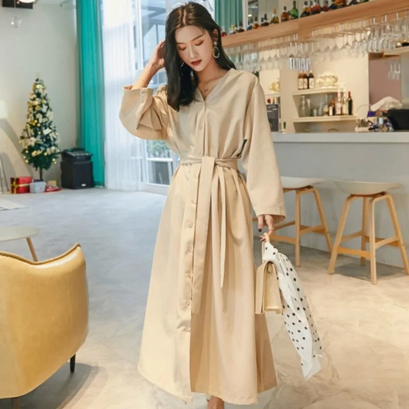 LANMREM 2020 Spring Spring High Waist V-neck Collar Long Sleeve Belt Women Dress Fashion Solid Color Overknee Clothes TB039