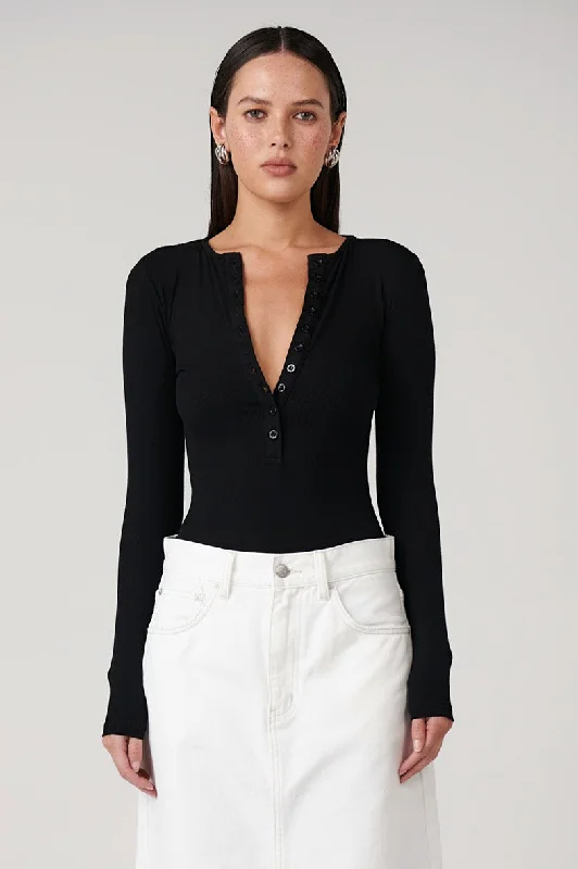 Bayse Brand Womens Lara Long Sleeve Crew Neck Button Down Bodysuit Black Comfortable Seamless Bodysuit